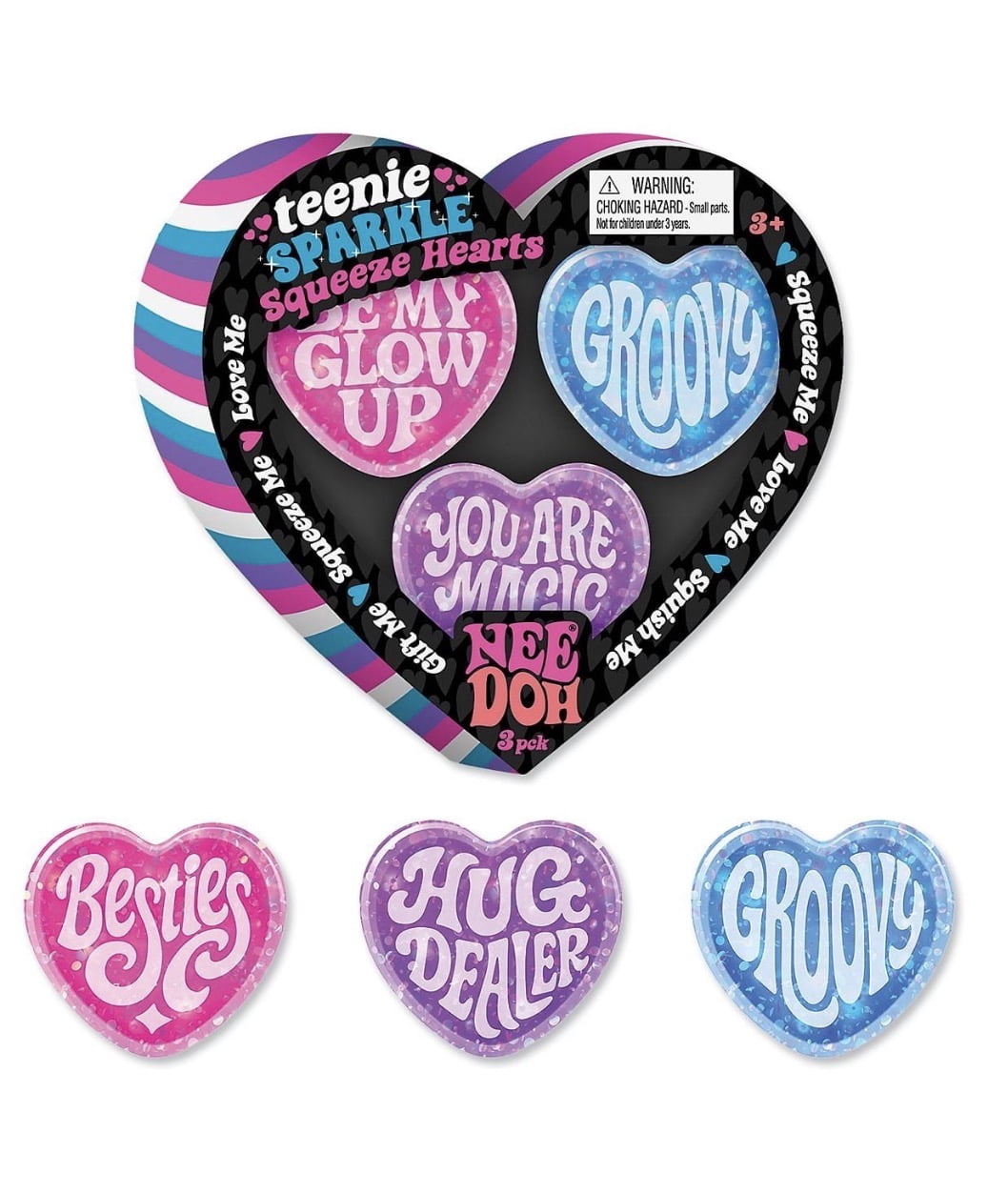 NeeDoh Teenie Sparkle Squeeze Hearts Squishy Stress Relieve Stress Ball Set, 3 Piece