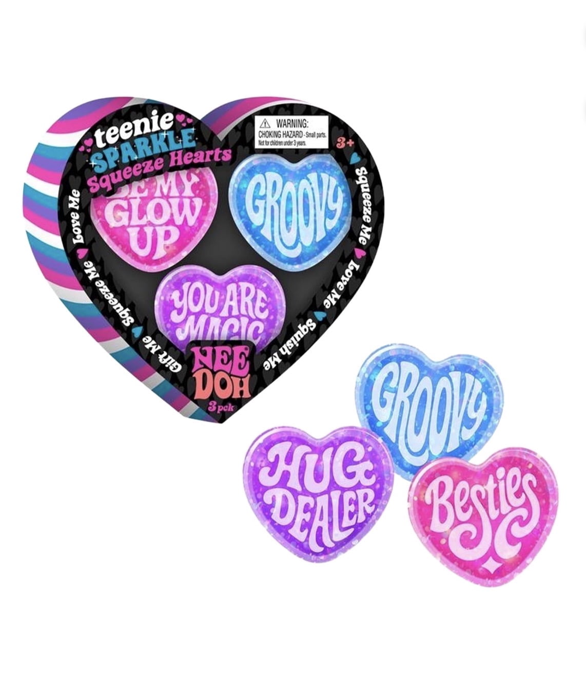 NeeDoh Teenie Sparkle Squeeze Hearts Squishy Stress Relieve Stress Ball Set, 3 Piece
