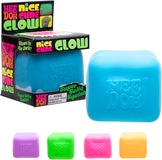 NeeDoh Nice Cube Glow - Sensory Toy with a Super Solid Squish - Glows in The Dark and Always Returns to its Square Shape - Ages 3 and Up Colors Vary